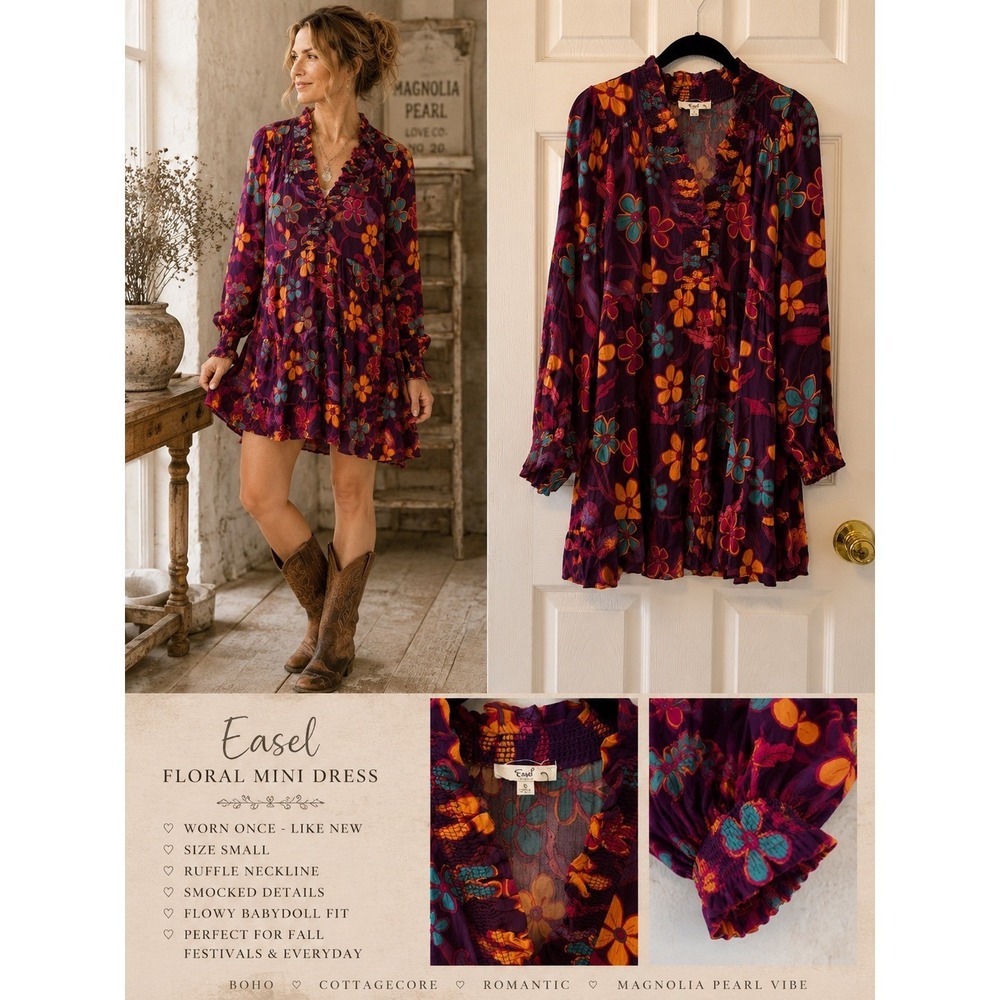 Easel Floral Boho Babydoll Mini Dress Ruffle Smocked Cottagecore Festival S